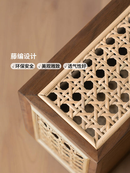 实木藤编纸巾盒新中式高颜值客厅餐厅复古黑胡桃木抽纸盒