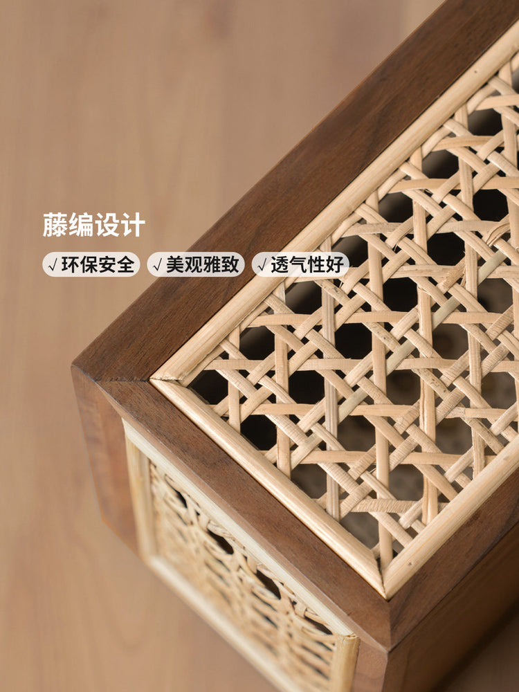 实木藤编纸巾盒新中式高颜值客厅餐厅复古黑胡桃木抽纸盒