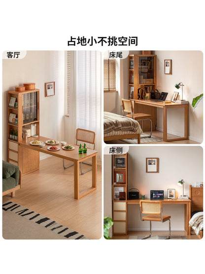 实木书桌书架一体书房樱桃木靠墙电脑桌小户型学习桌