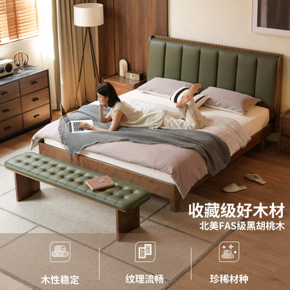 实木床意式轻奢真皮床卧室黑胡桃木软靠床双人竖琴床