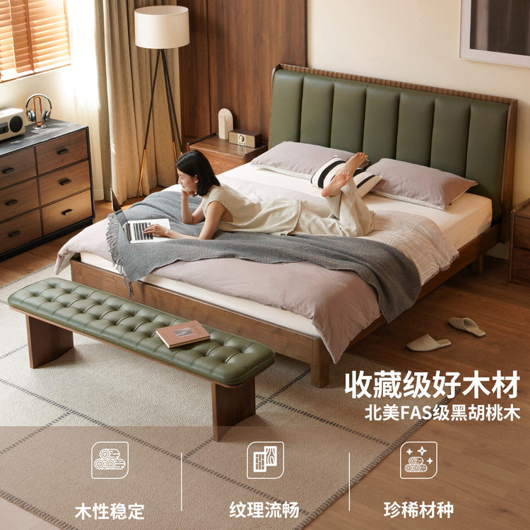实木床意式轻奢真皮床卧室黑胡桃木软靠床双人竖琴床