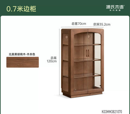 实木边柜客厅樱桃木落地柜复古靠墙置物柜带灯展示柜