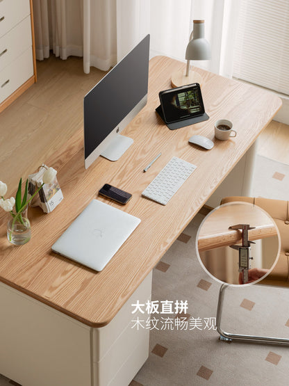 实木书桌原木奶油风办公桌书房橡木白色带下柜电脑桌