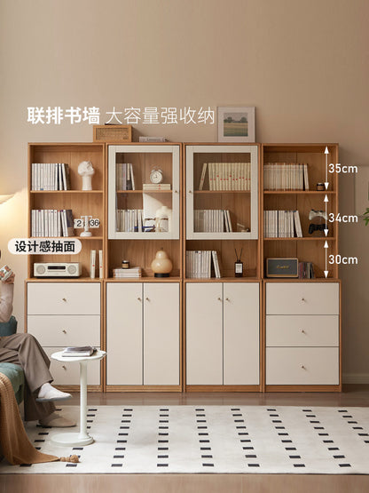 实木组合书柜原木奶油风靠墙储物收纳柜橡木落地书架