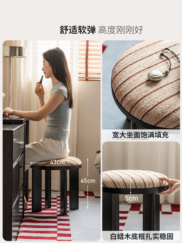 实木化妆凳卧室中古风雪尼尔软包凳白蜡木黑色梳妆凳