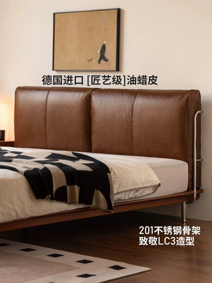 真皮床卧室包豪斯头层牛皮软靠床中古风高靠背双人床