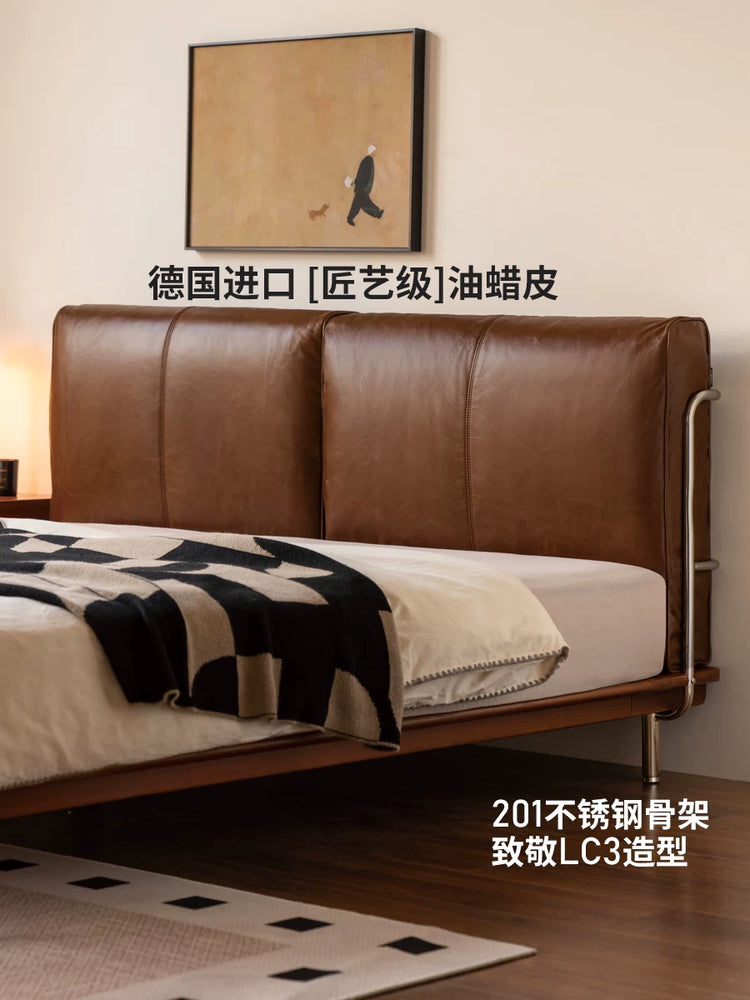 真皮床卧室包豪斯头层牛皮软靠床中古风高靠背双人床