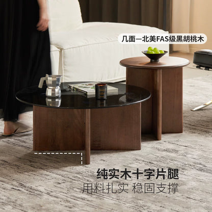 实木茶几现代简约黑胡桃木组合小茶桌客厅小户型圆形茶台