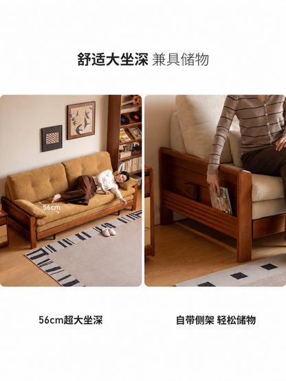 实木沙发床客厅中古风坐卧两用沙发布艺小户型伸缩床
