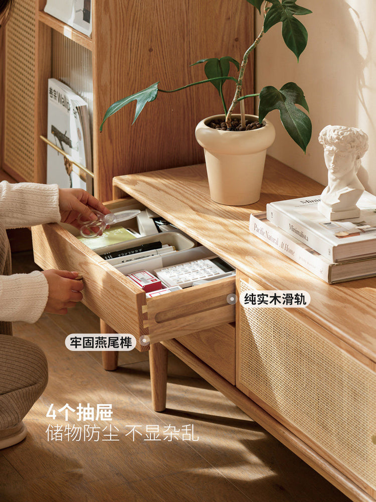 实木电视柜日式小户型橡木储物柜简约客厅原木藤编地柜