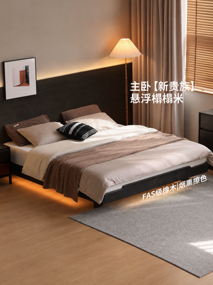 现代简约实木床黑色无床头榻榻米卧室家具带灯悬浮双人床