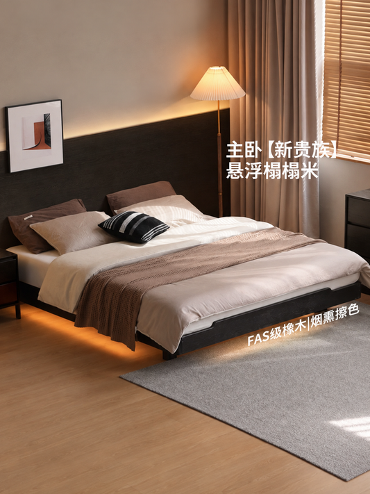 现代简约实木床黑色无床头榻榻米卧室家具带灯悬浮双人床