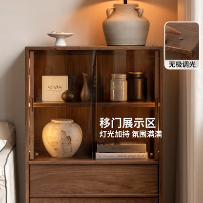 实木边柜客厅侘寂风落地展示柜黑胡桃木骨骼线电视柜立柜