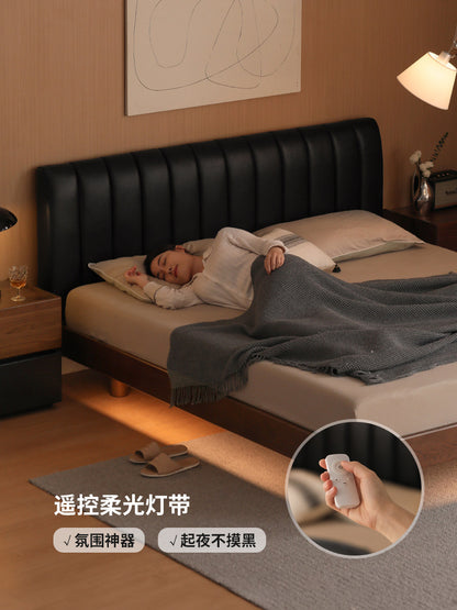 实木床橡木真皮软包床卧室简约双人床胡桃色悬浮床