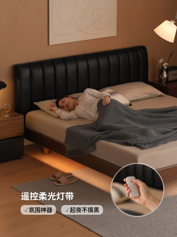实木床橡木真皮软包床卧室简约双人床胡桃色悬浮床