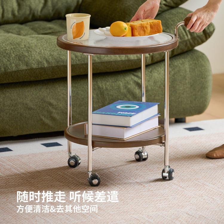 实木边几客厅现代简约移动圆几小户型双层玻璃小茶几