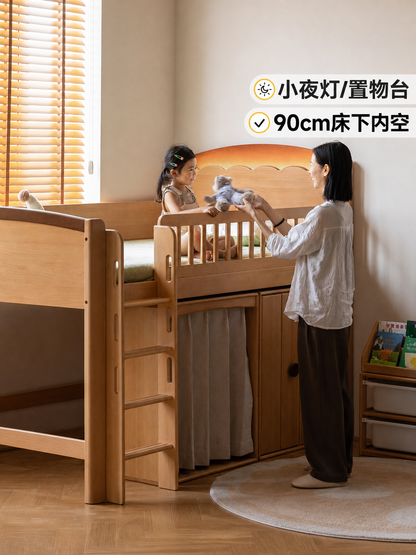 实木原木风儿童半高床夜灯收纳护栏床男孩女孩成人单人床
