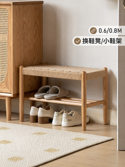 实木绳编换鞋凳现代简约客厅入户双层鞋架小户型休闲矮凳
