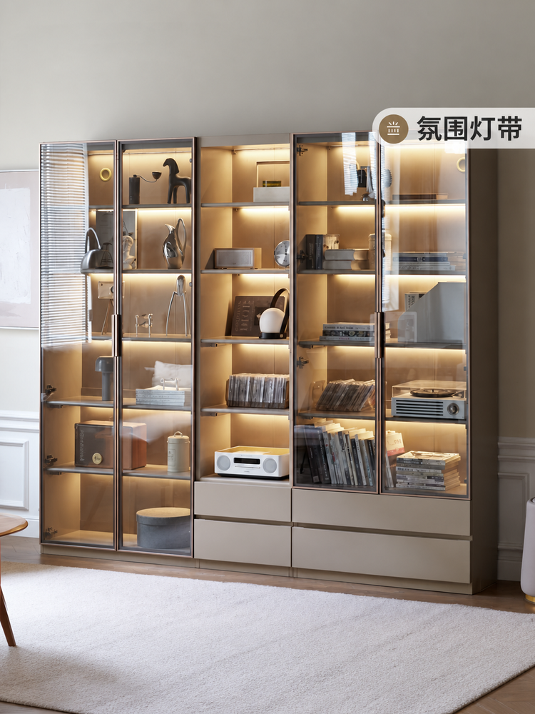 实木组合书柜轻奢落地储物柜展示柜书房书架玻璃门柜子