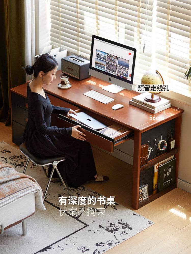 实木书桌小户型书房伸缩办公桌中古风电脑桌梳妆台
