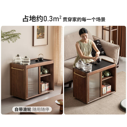 实木茶水柜黑胡桃木客厅茶吧机意式移动烧水壶一体侧边柜