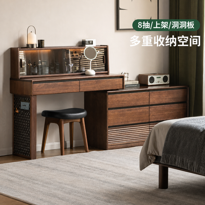 实木化妆桌卧室胡桃色斗柜梳妆台现代简约伸缩化妆台