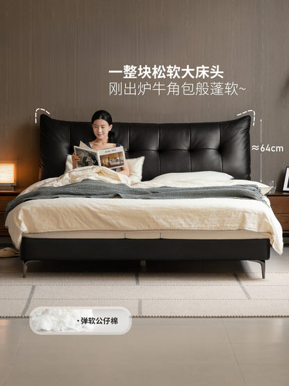 皮艺床卧室黑色真皮床意式轻奢双人床大黑熊齐边床