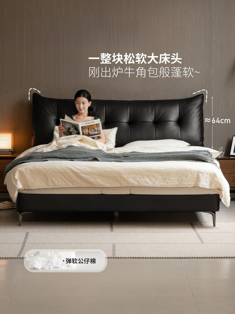 皮艺床卧室黑色真皮床意式轻奢双人床大黑熊齐边床