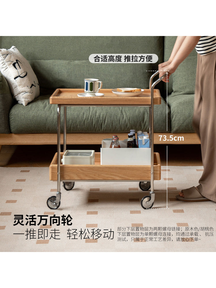 实木边几现代简约双层收纳小茶几橡木小户型移动小推车