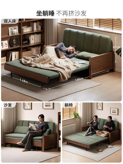 实木沙发床客厅现代简约坐卧两用橡木胡桃色折叠沙发