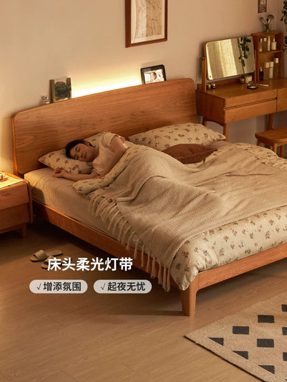 实木床樱桃木复古卧室双人床简约夜光床充电置物大床