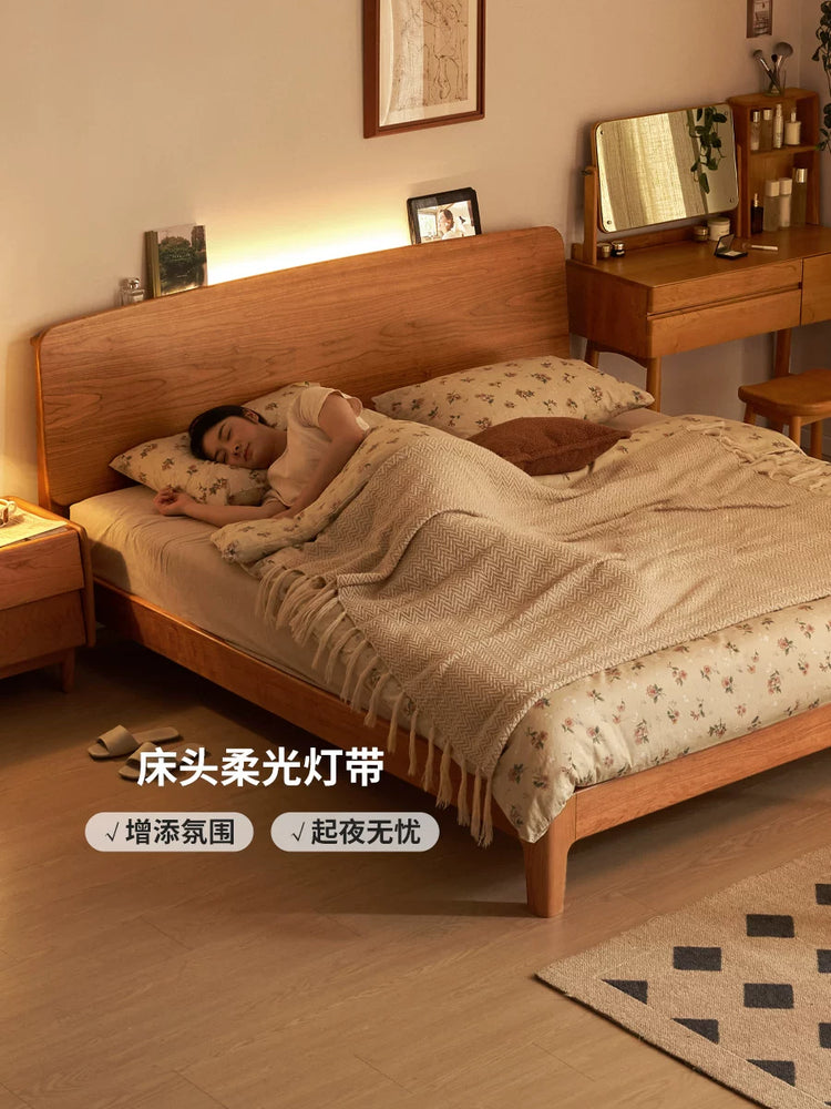 实木床樱桃木复古卧室双人床简约夜光床充电置物大床