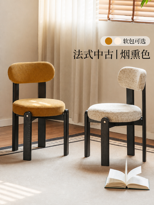 实木餐椅法式复古餐厅软包休闲椅靠背椅黑色吃饭椅子