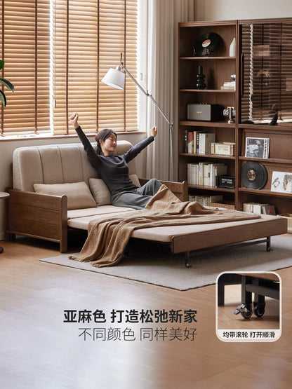 实木沙发床客厅现代简约坐卧两用橡木胡桃色折叠沙发