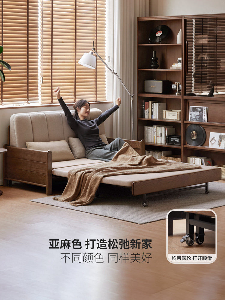 实木沙发床客厅现代简约坐卧两用橡木胡桃色折叠沙发