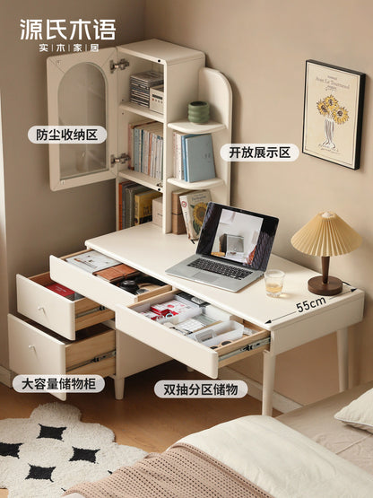 实木伸缩书桌书架一体法式奶油风转角办公桌白色化妆桌