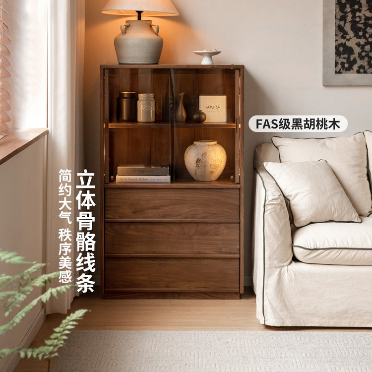 实木边柜客厅侘寂风落地展示柜黑胡桃木骨骼线电视柜立柜