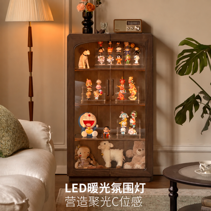 实木边柜客厅黑胡桃木手办柜带灯展示柜复古落地置物柜