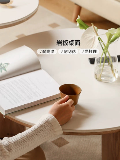 源氏木语实木茶几北欧客厅沙发边几岩板圆形茶台小户型橡木茶桌