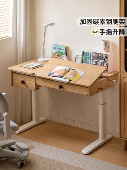 纯实木儿童学习桌可升降手摇书桌小学生写字桌子椅子套装