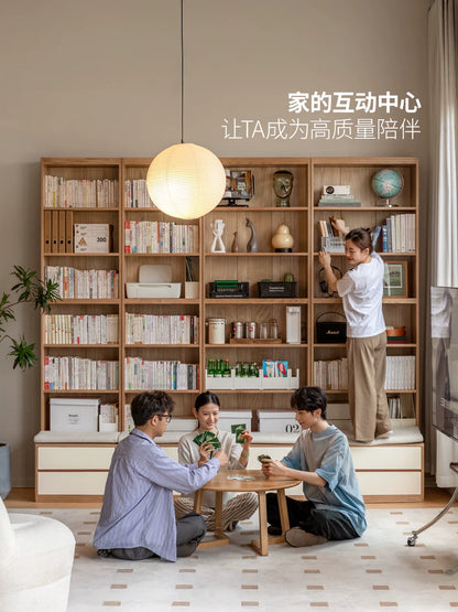 实木书房奶油风卡座橡木置物柜落地组合书柜