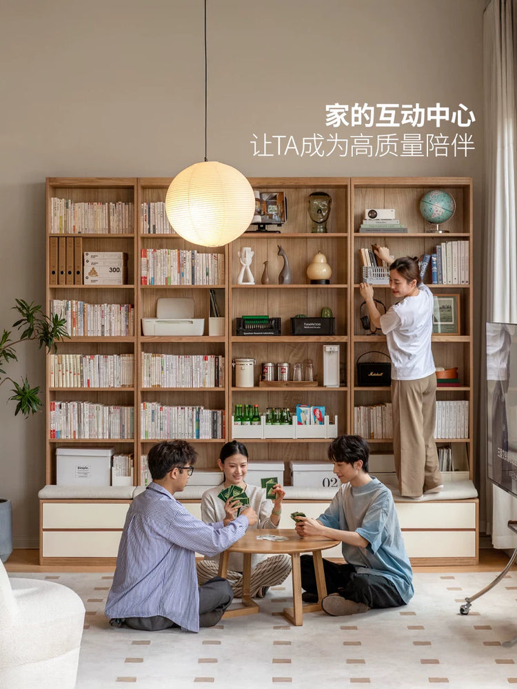 实木书房奶油风卡座橡木置物柜落地组合书柜