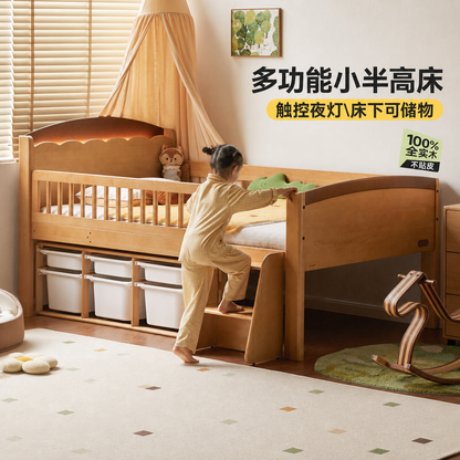 实木儿童床带护栏半高床小户型储物床男孩女孩夜灯单人床