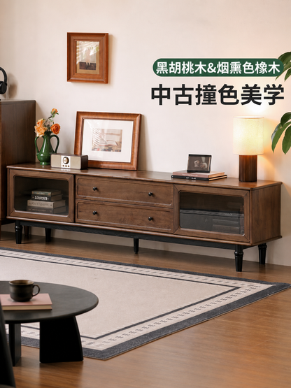 实木电视柜客厅中古风收纳储物柜黑胡桃木电视机柜
