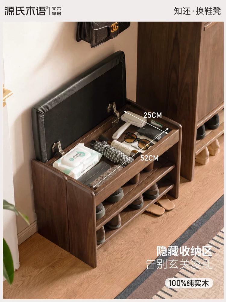 实木换鞋凳客厅中古风沙发脚凳门口入户黑胡桃木多层鞋架
