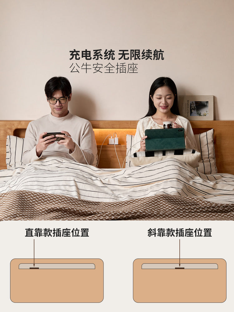 实木床现代简约大板床卧室可充电双人床多功能夜读床