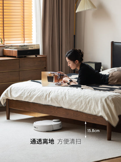 实木软包床意式轻奢双人床小户型卧室真皮床橡木胡桃色床