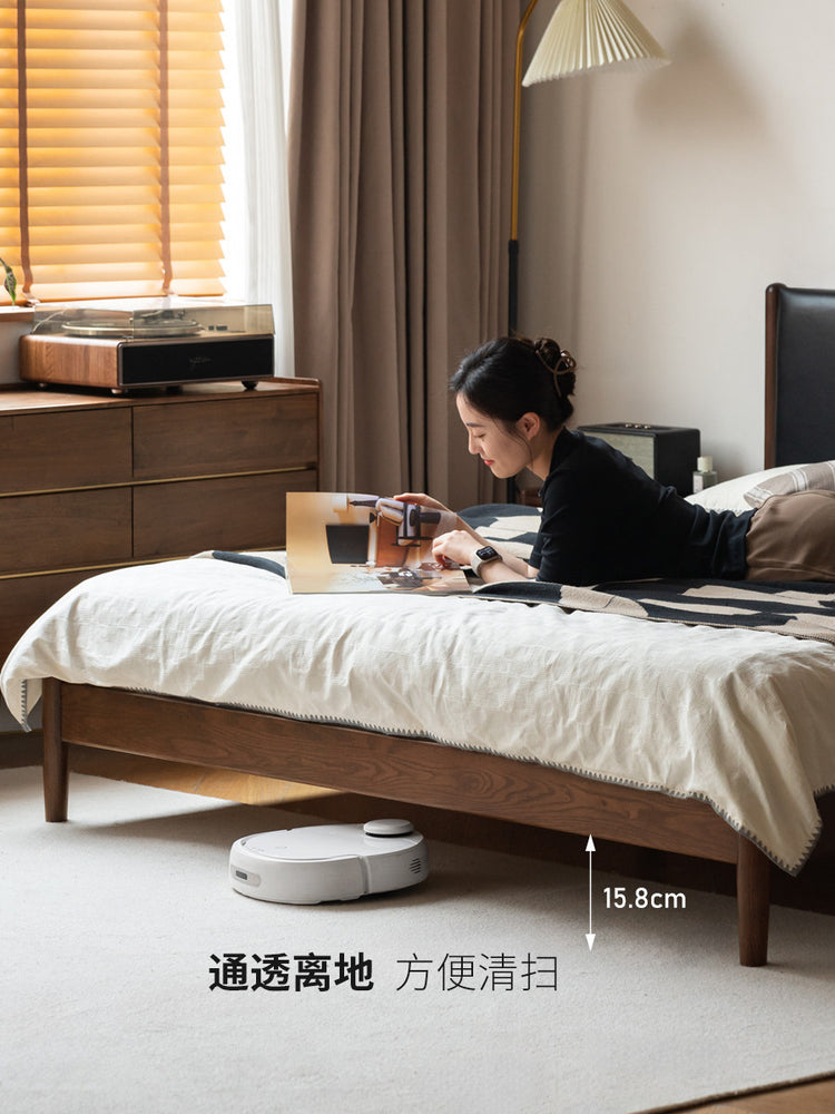 实木软包床意式轻奢双人床小户型卧室真皮床橡木胡桃色床