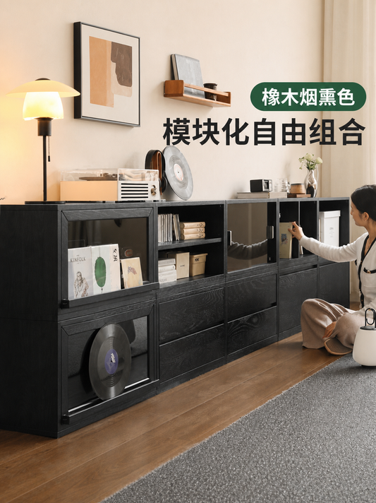 实木电视柜客厅现代简约收纳储物柜黑色橡木模块组合书柜