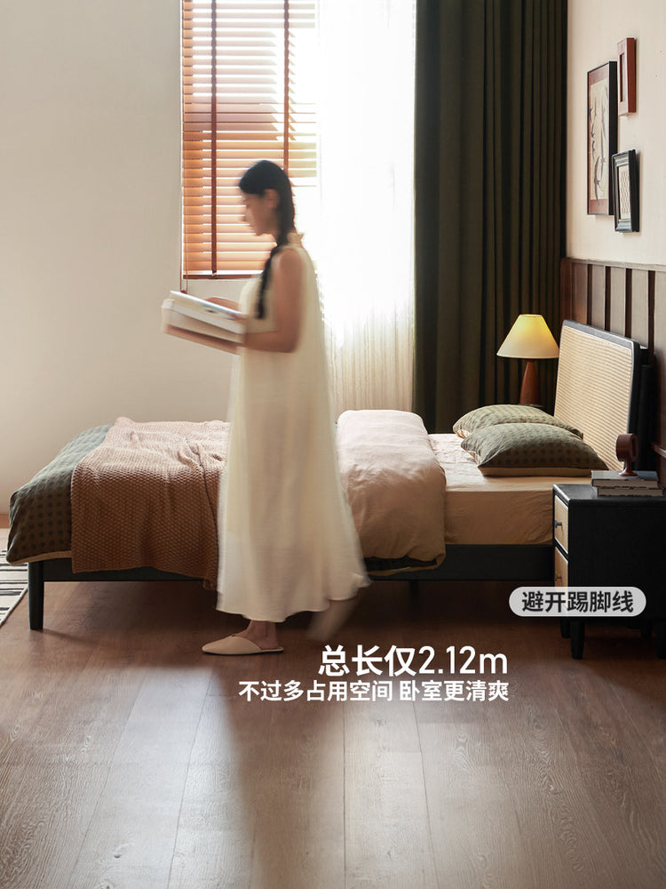 实木床卧室床头可调黑色大板床藤编床中古风双人床